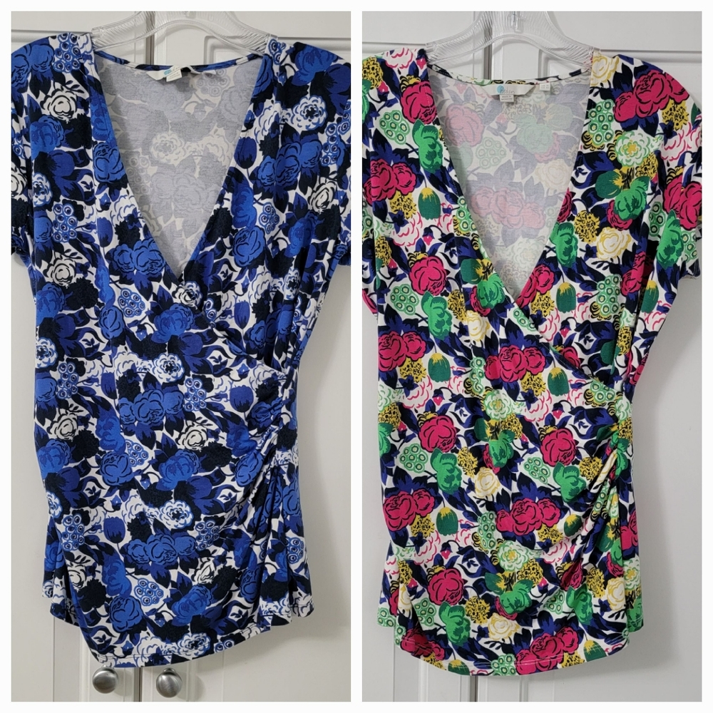 Lot of 2 - Boden US 10 Short-Sleeve Faux Wrap Print Tops - Worn a Few Times
